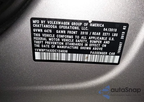 2013 Volkswagen Passat 2.5L Se from USA, damaged, VIN 1VWBP7A32DC124536